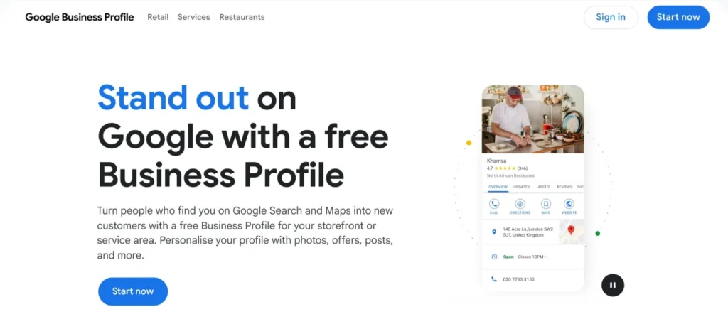 Google Business Profile landing page with the “Start now” button.