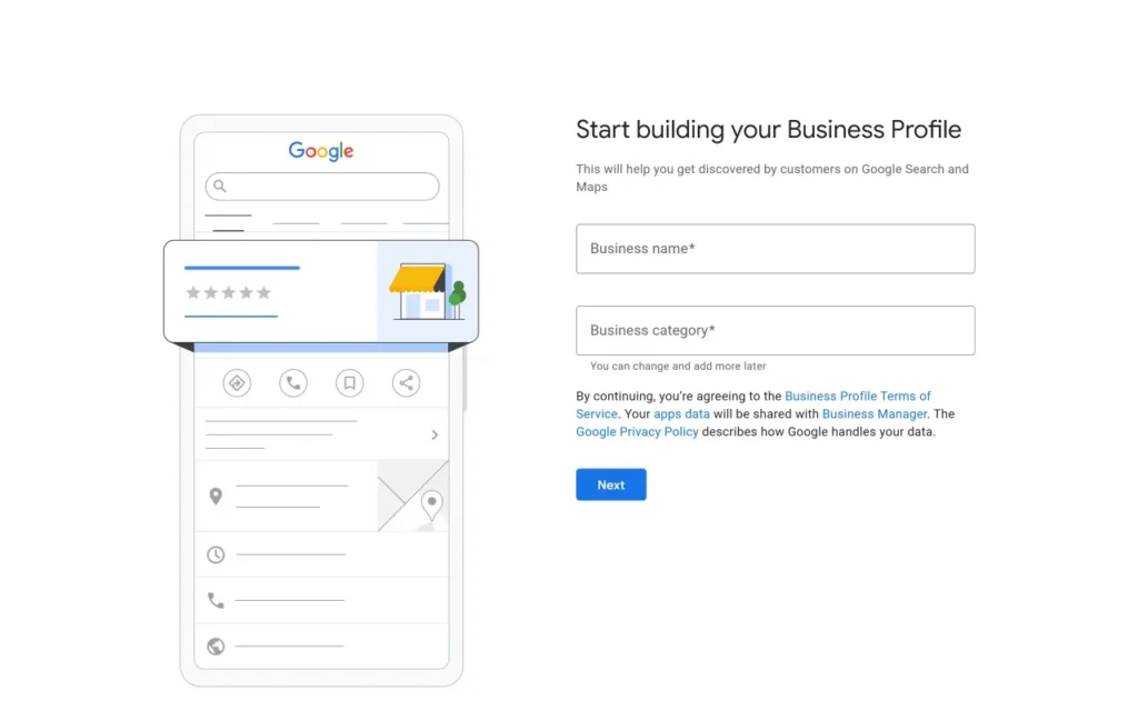 Business name and business category screen.