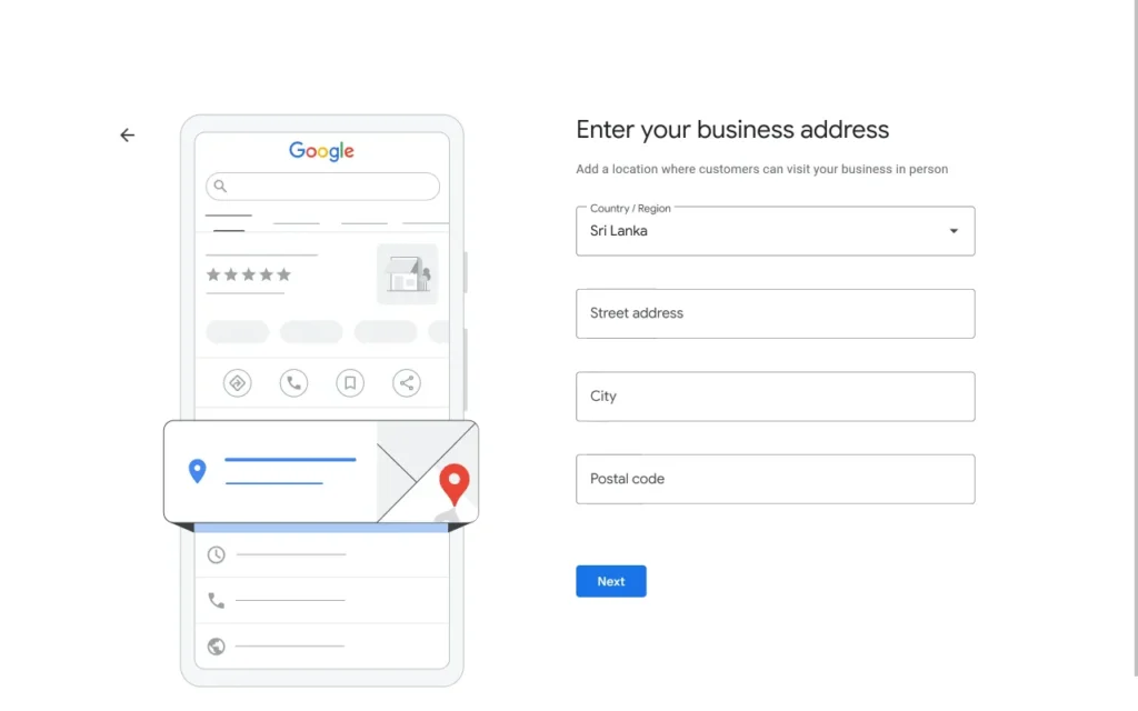 Business address screen.